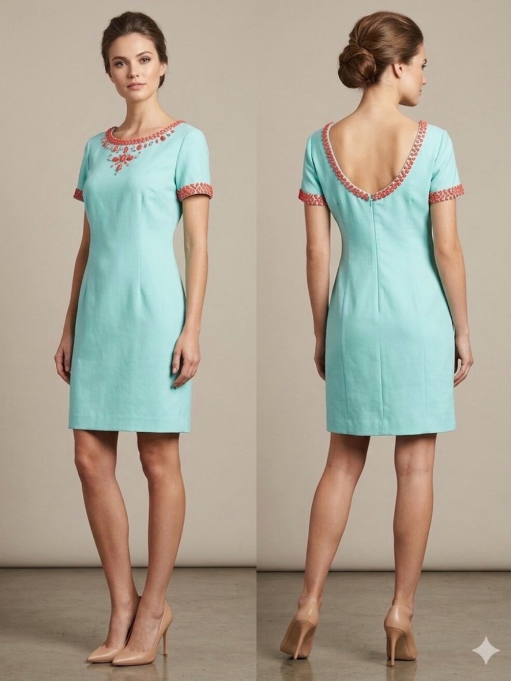 Lilly Pulitzer Nora Crystal Waters Coral Beaded Trim Sheath Dress 4 Resort Wear